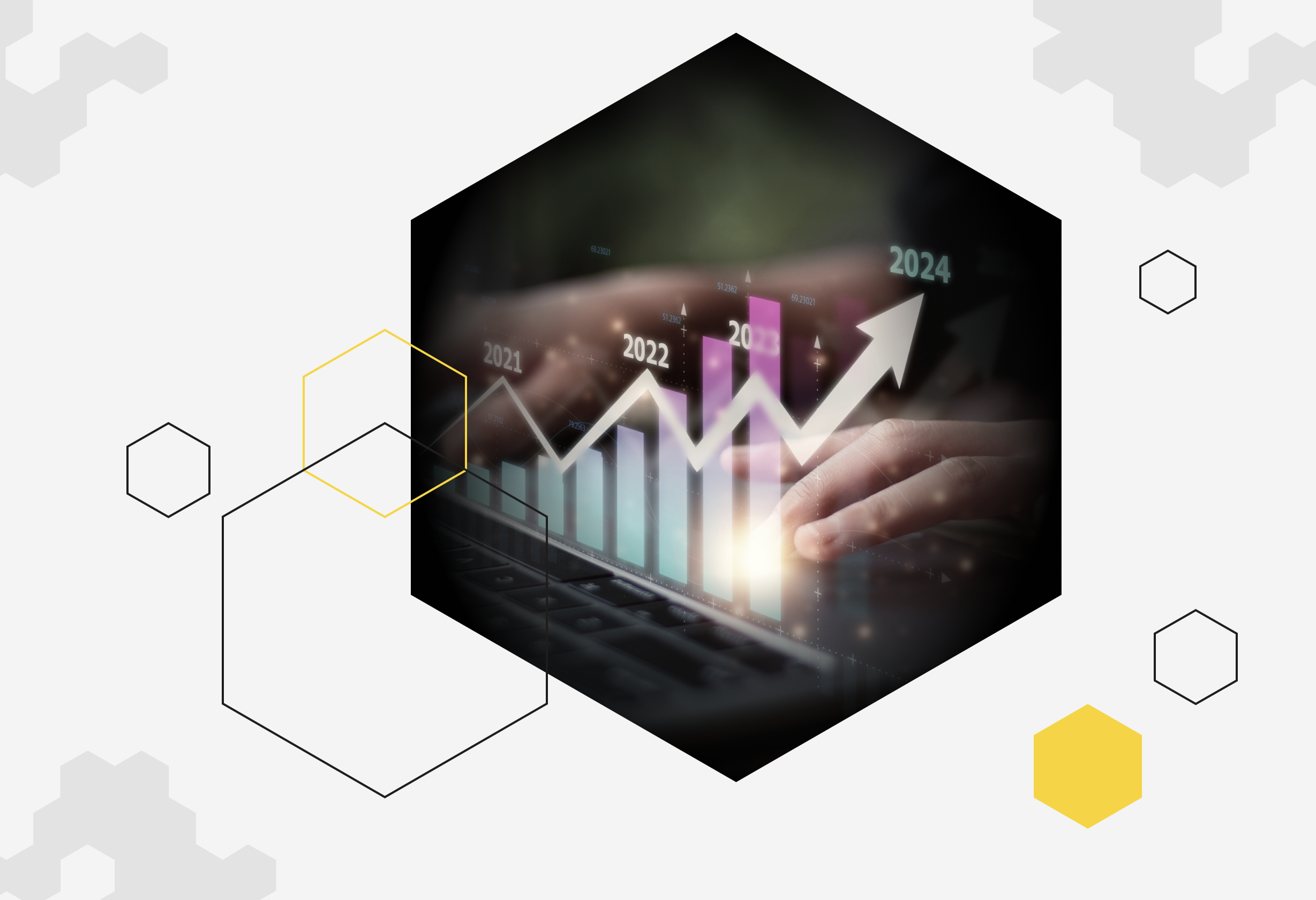 A hand interacting with a rising bar chart showing growth over time.